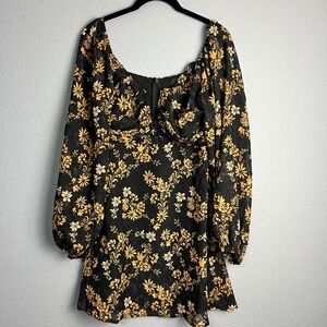 NWT Lulus Floral Print Flowy Tunic Long Sleeve Wired V-Neck Black Gold Sz S‎